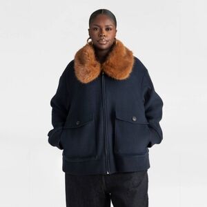 KBB by KAHLANA Women's 'The Faux Fur Collar Bomber' - Navy Blue/Teddy